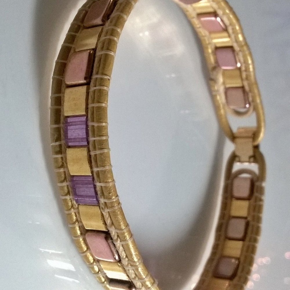 8.25" Gold Leather 24K Gold Overlay Bracelet Rare Japanese Glass Unisex Unique